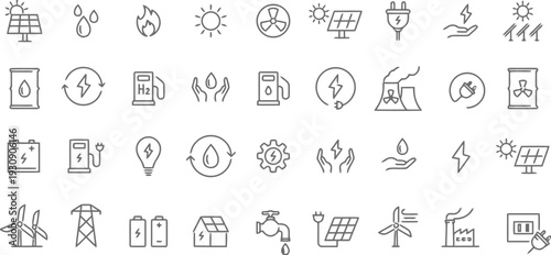 Collection of icons representing sustainable energy sources and technology