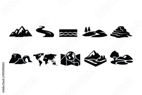 Collection of landscape and geography icons with mountains, rivers, maps, and terrain