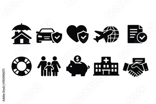 Collection of insurance and protection icons representing family car home health and finance