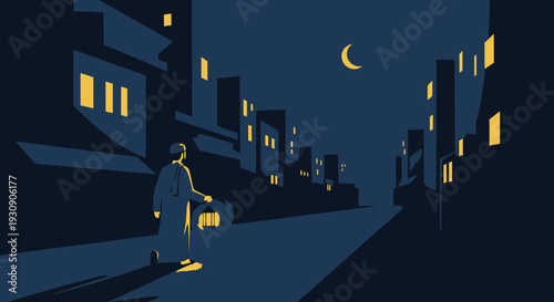 Silhouette Of A Person Walking In The City At Night Under The Crescent Moon