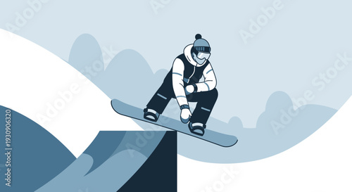 Snowboarder Performing a Jump in a Monochrome Illustration Depicting Winter Sports