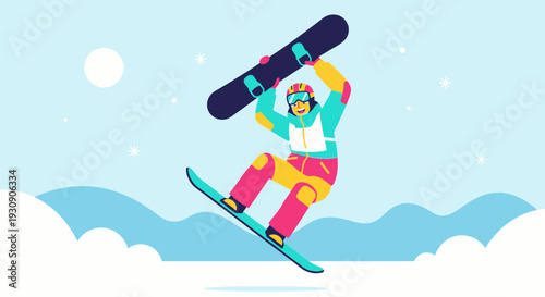 Snowboarder Performing an Aerial Maneuver in a Whimsical Winter Wonderland Scene