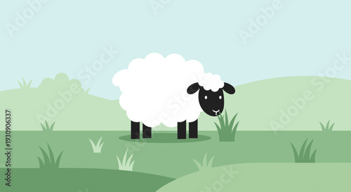 Simple Cartoon Sheep Grazing On Green Field Landscape