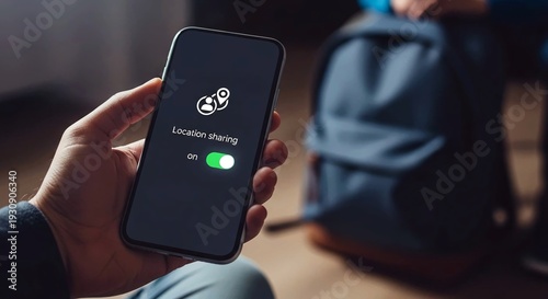 Hand holding smartphone with location sharing turned on, backpack