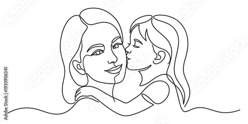 Mother and child continuous line drawing illustration depicting a loving kiss and embrace, symbolizing family connection and affection.