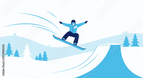 Snowboarder Performing Aerial Stunt In Winter Landscape, Flat Illustration Style
