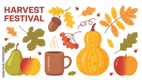 Flat cartoon-style illustration of a harvest festival celebration with autumn leaves, fruits, vegetables, and a hot drink, perfect for seasonal themes and decorations