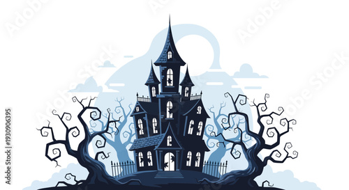 Sinister Haunted Mansion Surrounded By Spooky Trees Against a Pale Full Moon