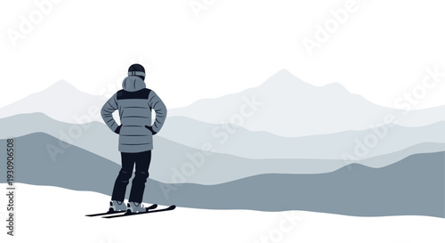 Skier On Mountain Slope Admiring Panoramic View Of Serene Winter Landscape