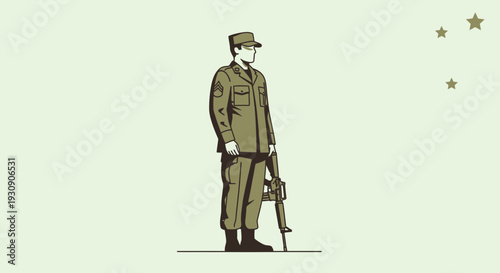 Soldier Standing Guard With Rifle On A Minimalist Background With Stars
