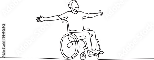 Continuous one line drawing. Disabled man on wheelchair enjoy with moving. Vector illustration total editable. one line Icon drawing