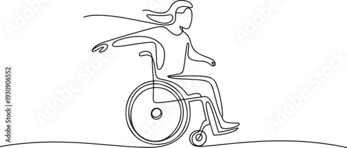 Continuous one line drawing. Disabled man on wheelchair enjoy with moving. Vector illustration total editable. one line Icon drawing