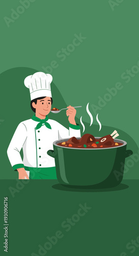 Skilled Chef Tastes Delicious Stew Prepared With Care And Expertise
