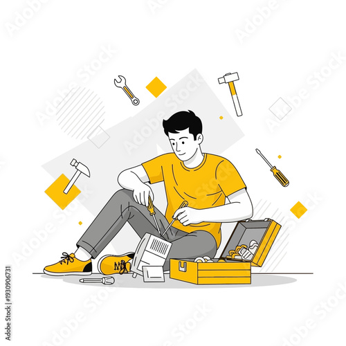 Skilled Handyman Fixing Electronic Device With Toolbox And Tools In Clean Style Illustration