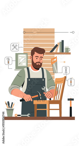 Skilled Craftsman Restoring Antique Wooden Chair With Tools And Expertise