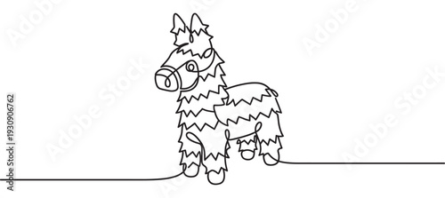 Continuous line drawing piñata donkey standing on a simple ground line, representing celebration and festive traditions.
