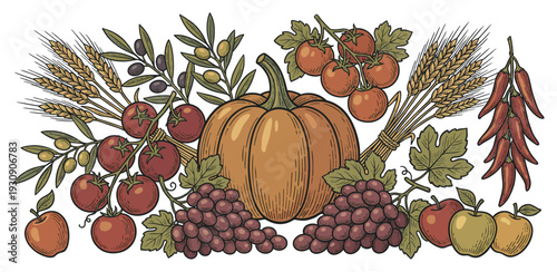 Bountiful harvest collection of fresh fruits and vegetables, grains, and spices in a colorful vintage engraving style.
