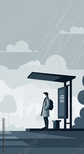 Solitary Figure Awaiting Public Transport Under Dreary Rainy Skies