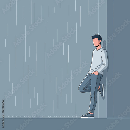 Solitary Figure Awaiting Shelter During Downpour