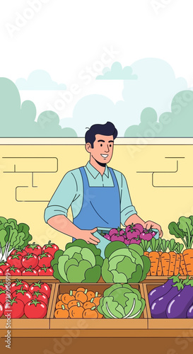 Smiling Grocer Presents Abundant Fresh Produce Market Stall With Vibrant Vegetables And Fruits