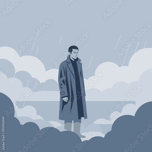Solitary Figure Stands Amidst Moody Atmospheric Clouds And Rain