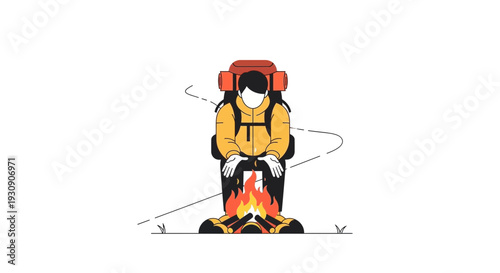 Solitary Hiker Enjoys Warmth Of Campfire Under Open Sky