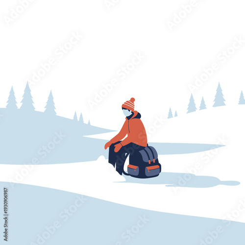 Solitary Hiker Resting Amidst Serene Winter Landscape