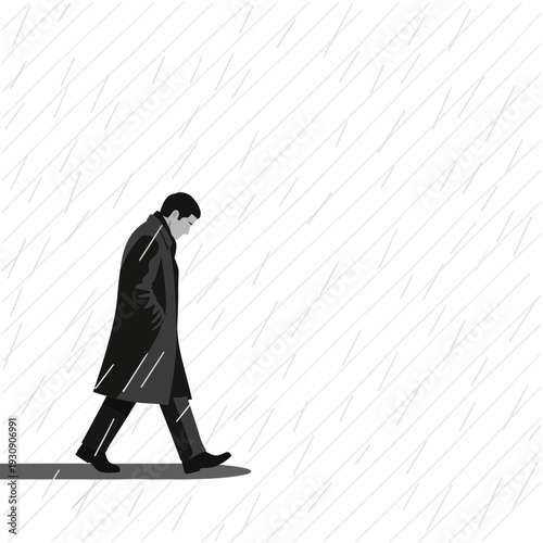 Solitary Man Walking Through Gentle Raindrops Minimalist Illustration