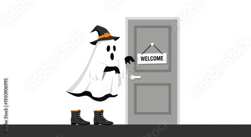 Spooky Ghost Greets Visitors At The Door With A Welcome Sign