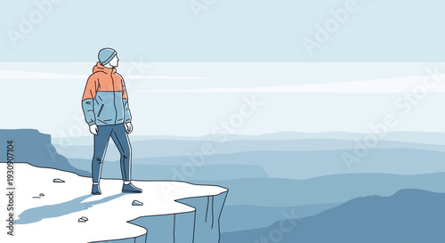 Solo Adventurer Gazing Over Vast Misty Mountain Ranges In A Minimalist Style