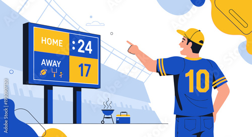 Sports Fan Excitedly Points At Scoreboard Celebrating Game Day Victory