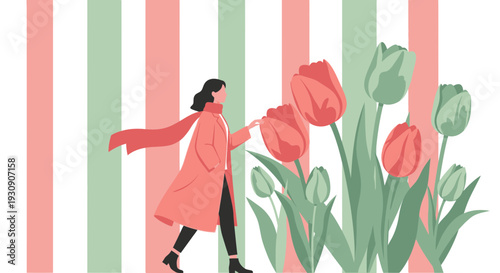 Spring Bloom Elegance A Woman Admires Tulips on Striped Background