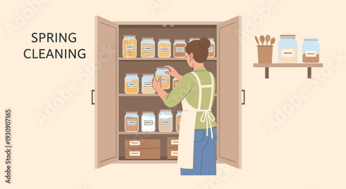 Spring Cleaning Pantry Organization And Decluttering A Woman Organizes Jars