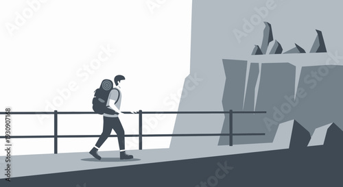 Solo Hiker Treks Along Cliffside Trail Towards Mountainous Region Destination