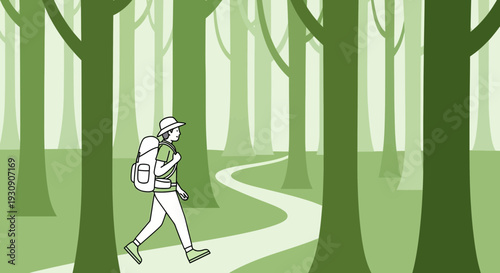 Solo Hiker Enjoys Woodland Trail Adventure Amidst Lush Forest Scenery