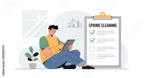 Spring Cleaning Planning With A Checklist And Digital Device
