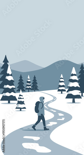 Solo Hiker Embarks On Snowy Trail Amidst Serene Winter Landscape For Adventurous Journey