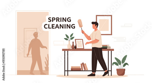 Spring Cleaning Routine Person Dusting Home Interior Scene