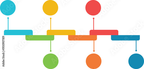 colorful flat design timeline infographic with circle nodes and horizontal connectors for business roadmap and project planning isolated background.
 