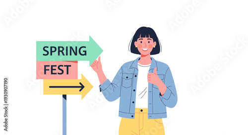 Spring Fest Directional Sign With Happy Woman Giving Thumbs Up