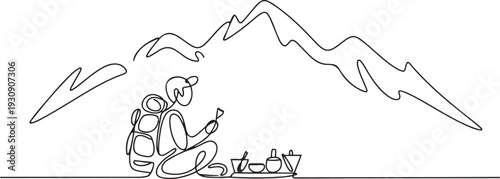 One continuou, drawn single art  line  doodle  drawing  sketch tourist hiking backpack picnic mountains. one line Icon drawing
