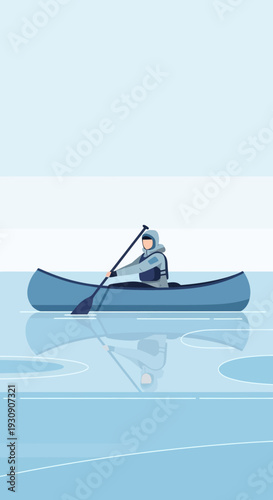 Solo Winter Canoeist Gliding Across Serene Frozen Water Surface Reflection