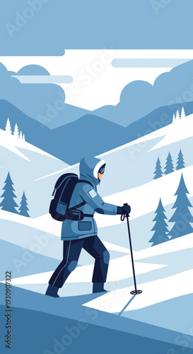 Solo Winter Expedition Ascending Snowy Peaks With Trekking Poles