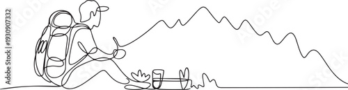 One continuou, drawn single art  line  doodle  drawing  sketch tourist hiking backpack picnic mountains. one line Icon drawing
