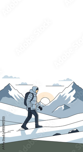 Solo Winter Trekker Ascends Snowy Mountain Trail Under Gentle Sunrise