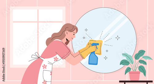 Sparkling Mirror Cleaning Scene With Woman And Spray Bottle And Cloth