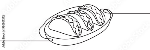 Three delicious Mexican tacos served on a plate, beautifully drawn in a modern continuous one line art style illustration.