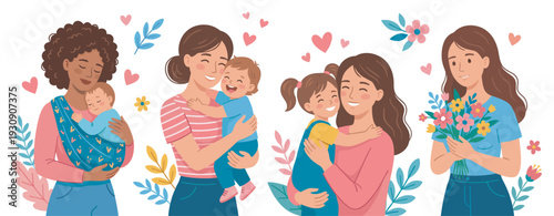 Happy mothers and children celebrate family love and joy in a beautiful collection of heartwarming illustrations.