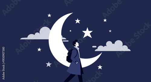 Stargazer Walking Under Crescent Moon And Stars At Night Sky