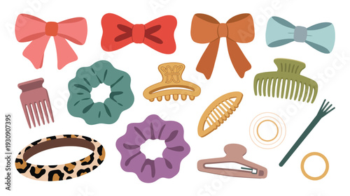Vibrant Collection of Hair Accessories Including Scrunchies, Bows, Claw Clips, and Headbands for Personal Styling and Fashion Accents